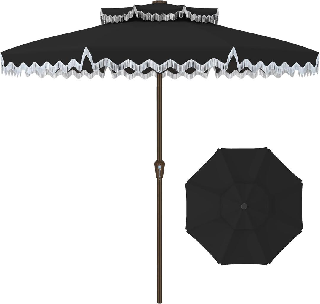 Kingdura 9ft Patio Umbrella with Fringe, Outdoor Table Umbrella with 8 Sturdy Fiberglass Ribs, Push-Button Tilt, Fade Resistant Canopy, UPF 50+, Luxurious Vintage Pool Umbrellas for Lawn, Deck, Balcony