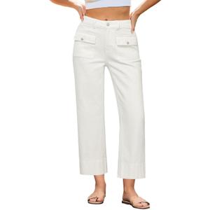 GRAPENT Wide Leg Jeans for Women Trendy High Waisted Straight Leg Cropped Stretchy Denim Pants with Retro Patch Pockets (Small, Cream White)