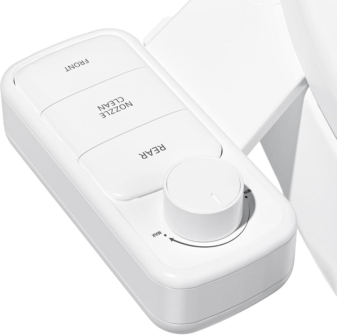 Ultra-Slim Bidet Attachment, Self-Cleaning Dual Nozzle (Feminine/Posterior Wash), Accessibility-Enhanced Large Buttons, Quick-Release, Non-Electric Fresh Water System with Adjustable Pressure