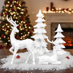 4-Piece White Christmas Tree Figurines and Resin Elk Sculpture Winter Reindeer Decor Resin Christmas Trees,Tabletop Tree Artificial Animal Crafts for Indoor Home Decor,Tabletop Mantle Cabinet Desktop