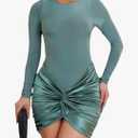 Ekaliy Women's Sexy Long Sleeve Mini Dress Elegant Crew Neck Twist Waist Ruched Bodycon Cocktail Party Short Dresses XXL
