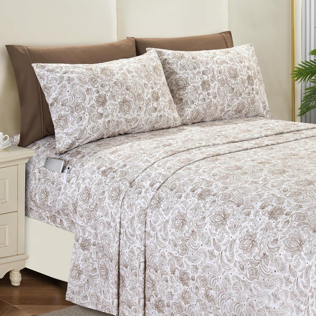 Elegant Comfort Softest and Coziest 3-Piece Sheet Set - 1500 Premium Hotel Quality Microfiber - Deep Pocket, Wrinkle Resistant 3-Piece Paisley Pattern Bed Sheet Set, Queen, Paisley Taupe