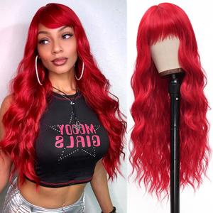 Vomella Red Wig With Bangs 26 Inch Long Curly Wavy Wig for Women Natural Looking Synthetic Heat Resistant Wig for Daily Party Use Halloween Wg, 113c