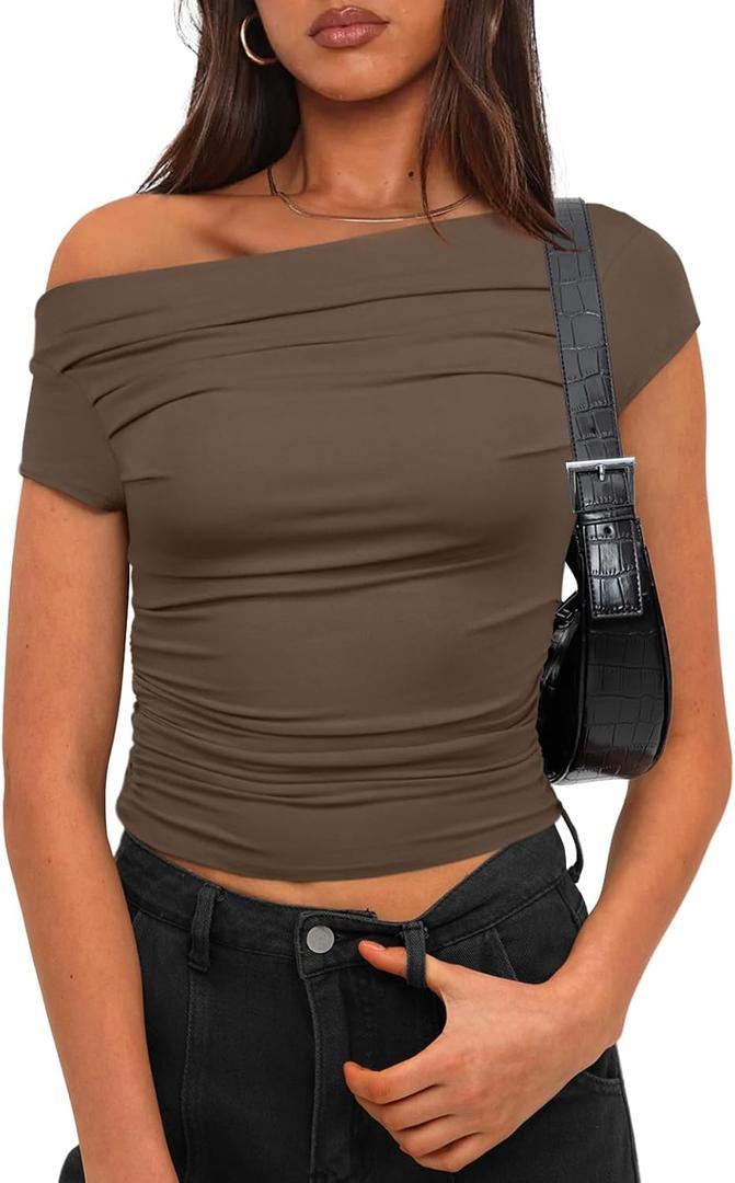 Darong Women's Summer Cap Sleeve Boat Neck Off Shoulder Top Going Out Slim Fit Tops Y2K Tight Shirts, Large