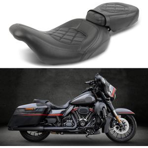 Low-Profile Leather Seat Pillion Passenger Rider Seat Set Compatible with Harley Touring Road King Street Glide Road Glide Electra Glide CVO 2009-2023 (Black stitching)