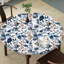 Blue Botanical Round Tablecloth  Fitted Circle Table Cover with Elastic Edge, Waterproof & Washable Polyester Table Cloth for 55" to 66" Indoor/Outdoor Tables (Indigo Garden Berries)
