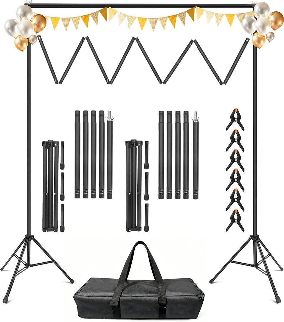 Backdrop Stand 10 x 8 Ft (WxH), Adjustable Photography Background Stand Support Kit with 6 Clamps & Carrying Bag for Photo Studio, Party, Wedding, Decoration, Projector Screen