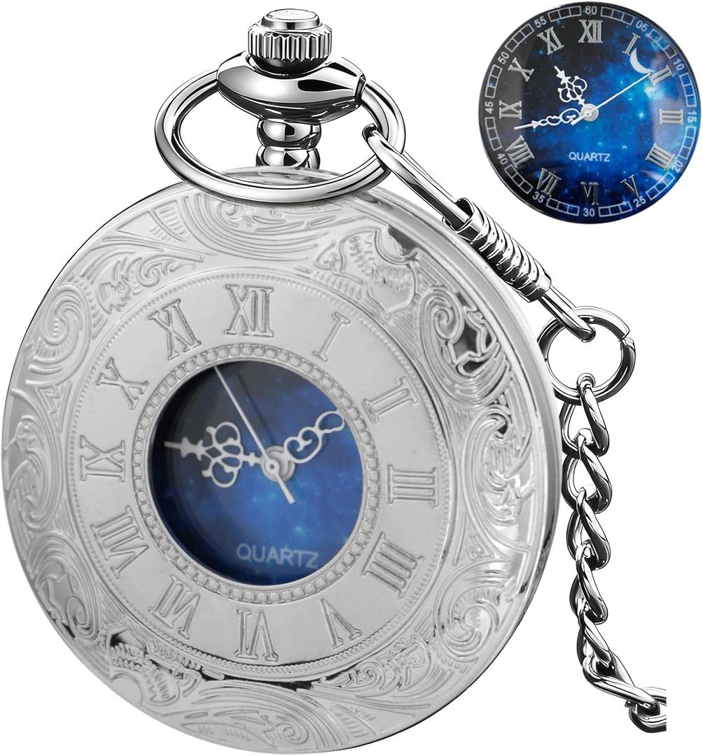 Tiong Pocket Watch Hollow Blue Star Design Roman Numerals Quartz with Chain Christmas Birthday Gifts Tiong Pocket Watch Hollow Blue Star Design Roman Numerals Quartz with Chain Christmas Birthday Gifts