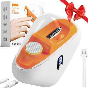 Electric Nail Clipper, 2-in-1 Automatic Nail Trimmer with LED Light, 3 Speeds Electric Toenail Clipper, Electric Nail Clippers for Seniors, Baby, Adults & Kids, Dark Orange