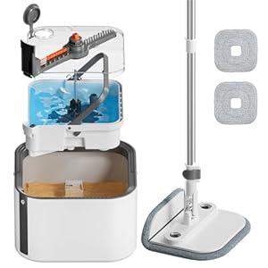 Upgraded Self-Standing Spin Mop and Bucket System, Detachable Inner Mop Bucket Separates Dirty Water & 90 Foldable Head, Triple-Scrub System, 0.9Gal Dual Drainage, for Hardwood Floors (Gray 2 Pads)