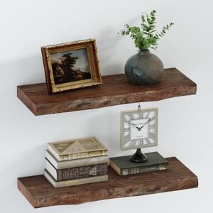 SAUMONIERES Live Edge Floating Shelves for Bedroom Living Room Wall Mounted Storage Long Natural Elm Wood Shelf Large Heavy Duty 8 Inch Deep, 24 inch Set of 2 Walnut Floating Shelves