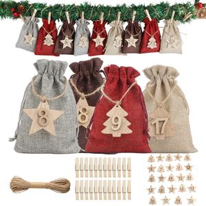 Christmas Advent Calendar Bags 24 Days DIY Countdown Calendar Drawstring Burlap Hanging Christmas Decorations Candy Chocolates Gift Bags for Xmas Holiday Home