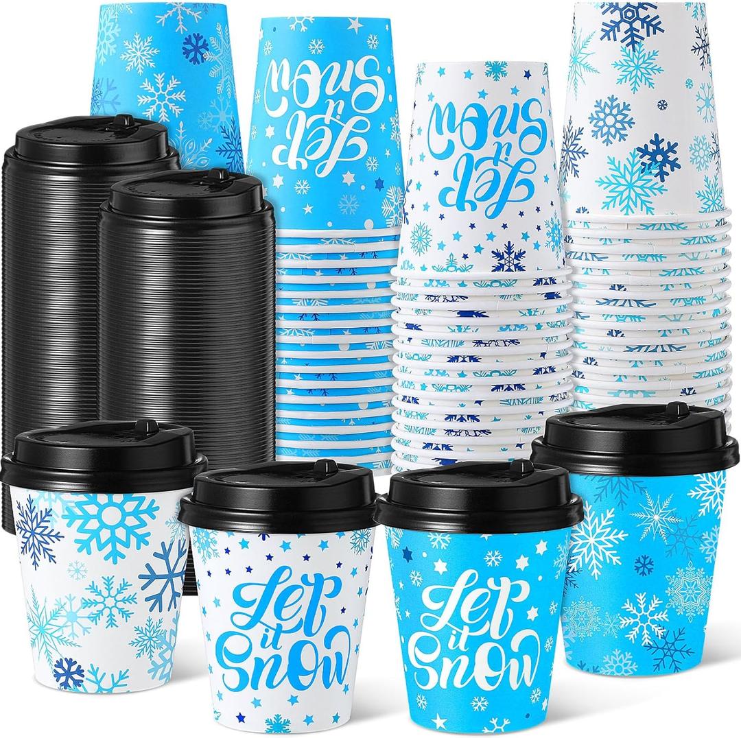 100 Set Winter Paper Cups with Lids Winter Disposable Hot Cold Coffee Cups for Holiday Party Supplies(Blue White, 8oz, Snowflake)