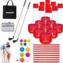 Backyard Golf Game with 2 Clubs, Portable 9 Hole Golf Course, Outdoor Yard Golf Chipping Game for Family and Adults, Beach, Park, Lawn, Field Day Reunion Party Games (Red)