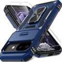 DEERLAMN Case for Google Pixel 9A with Slide Camera Cover+Screen Protector (1 Pack), Rotated Ring Kickstand Military Grade Shockproof Protective Cover-Navy Blue