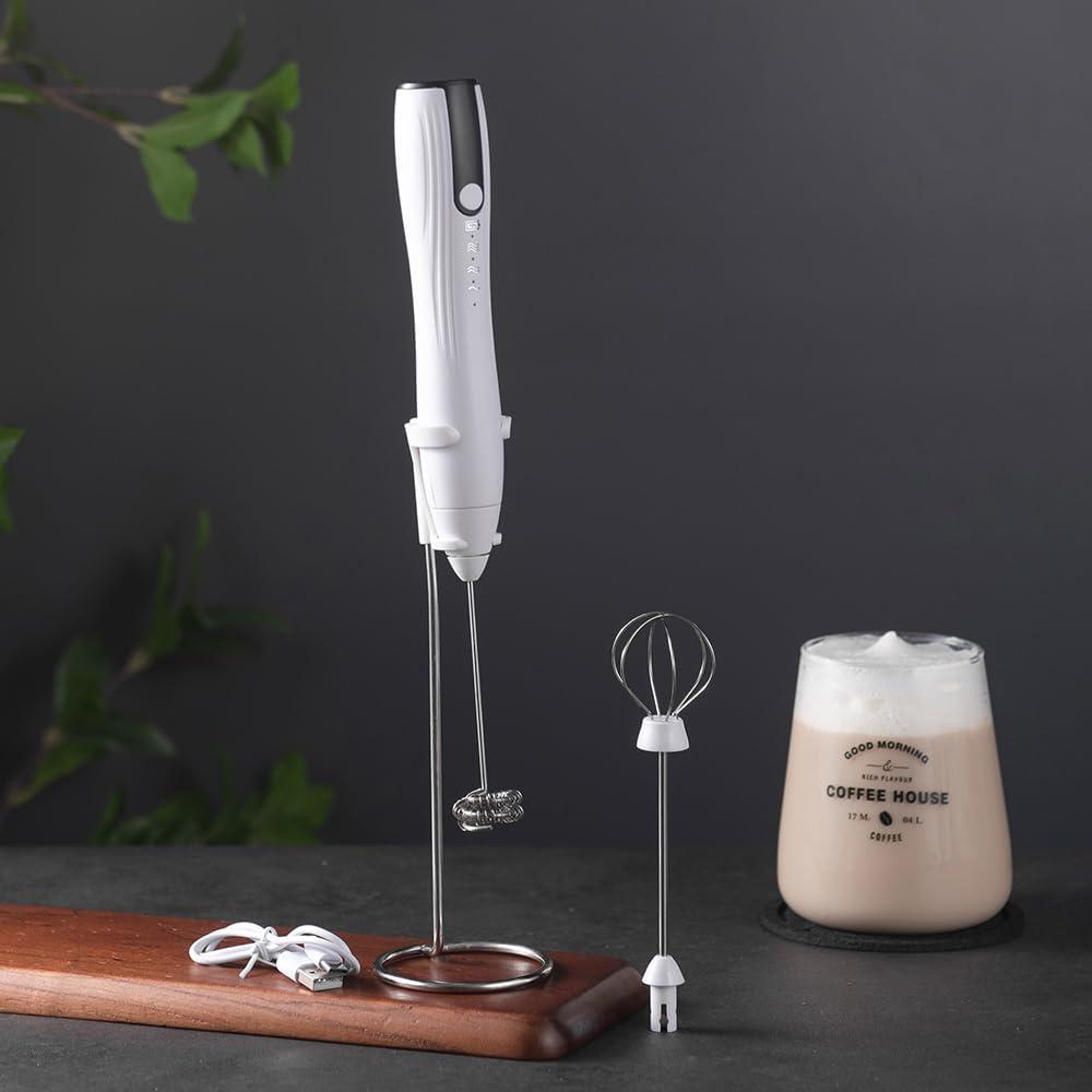 Ruciko Rechargeable 3-Speed Electric Milk Frother,Stainless Steel,Mini Handheld.Quick Type-C Charging for Lattes,Coffee,Egg Whipping & Hot Choc.With Double-Layer Frothing Head & Stand.(white)
