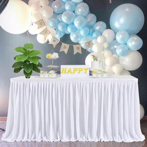 Pleated White Table Skirt for Rectangle Desk 6ft Length Baby Shower Wedding Birthday Gender Reveal Party Dessert Cake Decorations