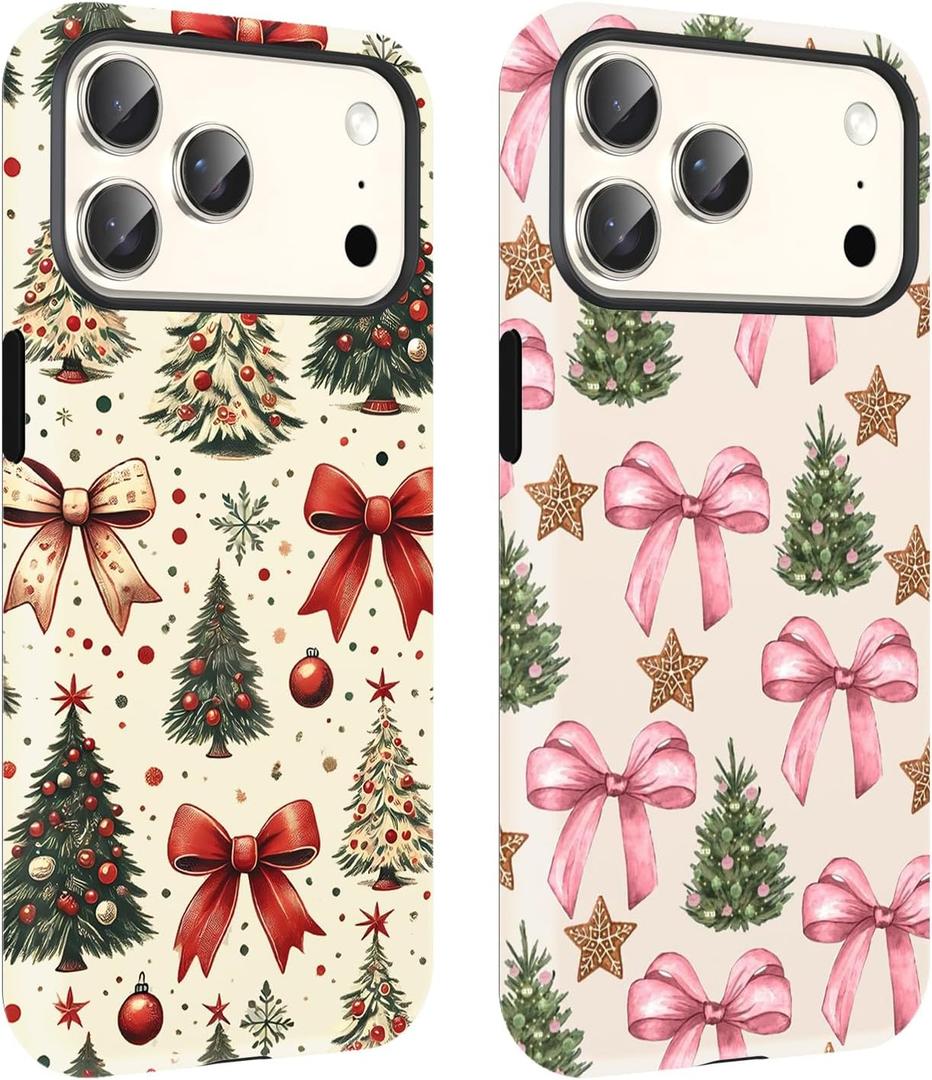 Vulfwela 2 Pack Merry Christmas Tree Bow Phone Case for iPhone 17 Pro Max Case 6.9", Cute Xmas Star Pattern Design Phone Cover Hard PC Shockproof Soft TPU 2-in-1 Matte Protection Funda for Girls Women