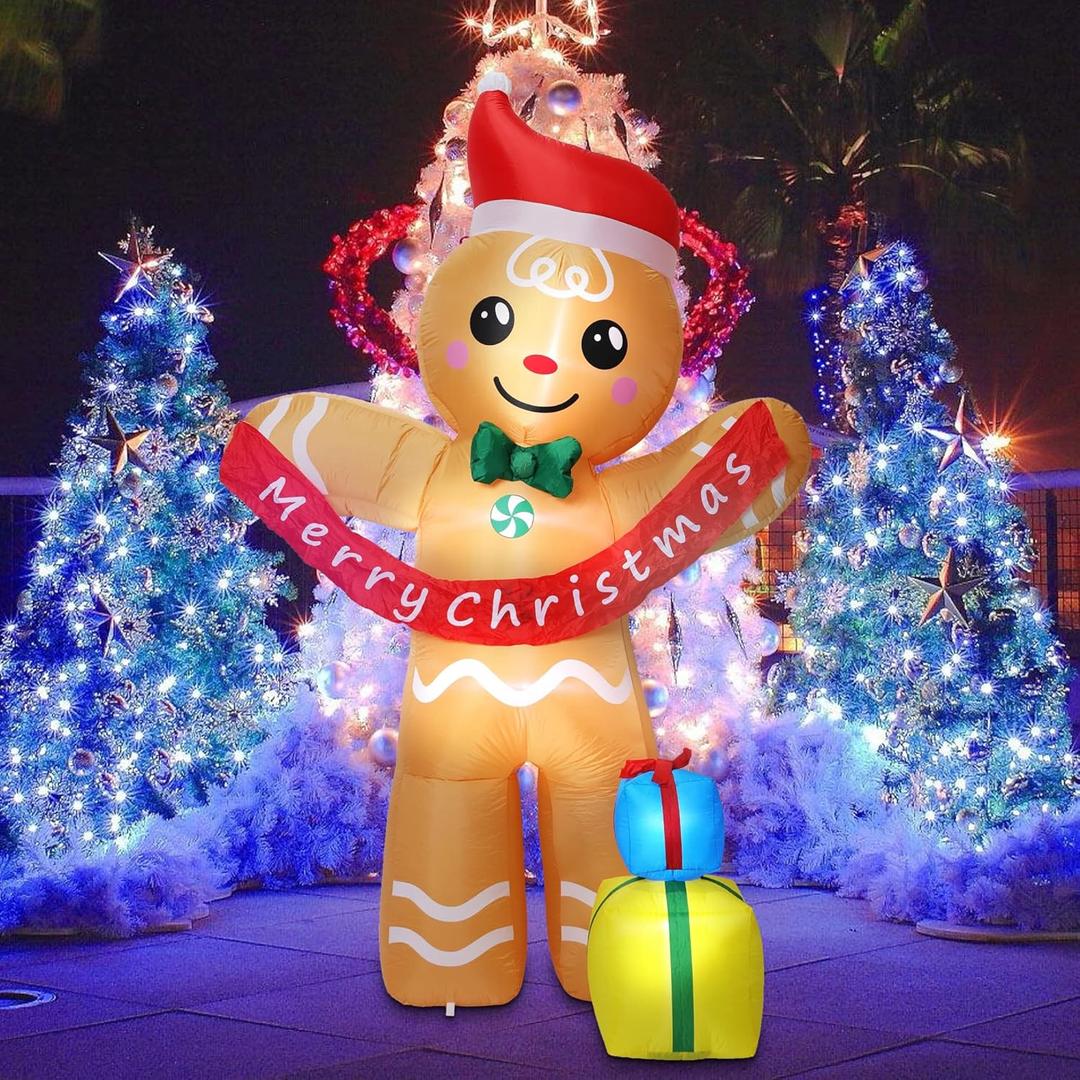 Aesto 8.4 FT Christmas Inflatables Gingerbread Man with Gift Boxes, LED Inflatable Decoration for Outdoor Indoor Holiday Yard