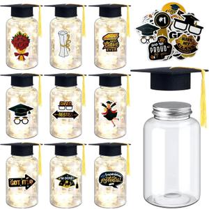 10 Sets Graduation Mason Jar, 2025 Graduation Centerpieces with Fairy String Lights and Graduation Stickers, Graduation Table Decorations Graduation Party Supplies Favors for College School