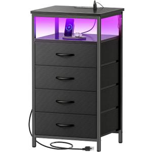 Huuger Night Stand with Charger Station and LED Lights, 4 Drawer Nightstand, Bed Side Table with Open Shelf, End Table, Fabric Dresser for Bedroom, Black