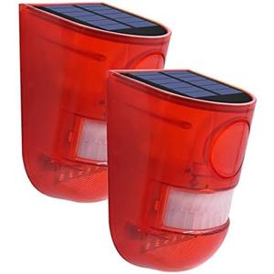 2 Solar with Sound Strobe Light, Wall Mounted Outdoor Motion Red Sensor Alarm, 4 Modes of Motion Sensor, Alarm 129dB for Home Fence Farm Yard Garage Barn