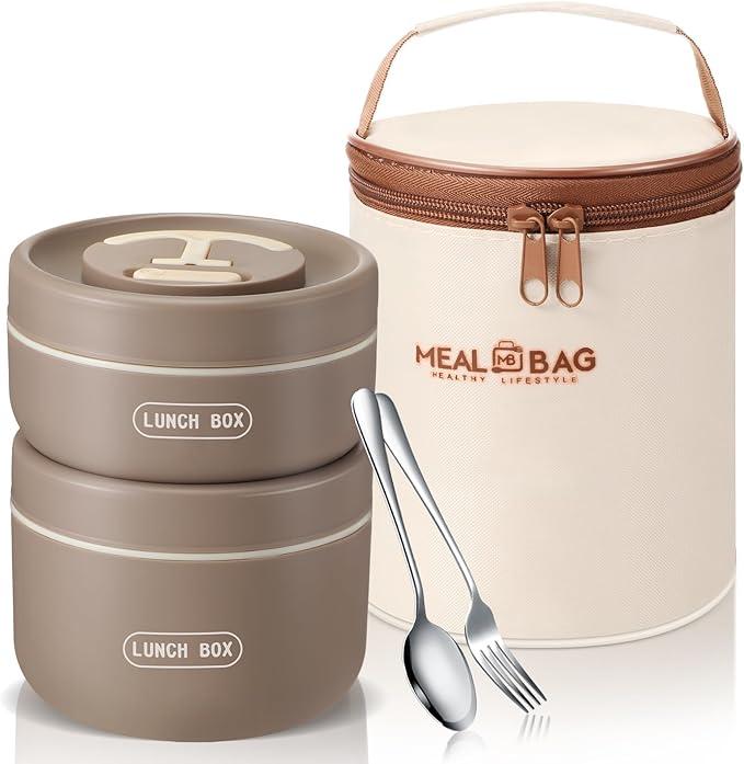 Dandat 2 Pcs Insulated Lunch Containers Thermal Bento Box with Bag Fork Knife Microwavable Stainless Steel Lunch Box 15.2 oz 21 oz Separate Stackable Thermal Food Jar for Adult Men Women (Khaki)
