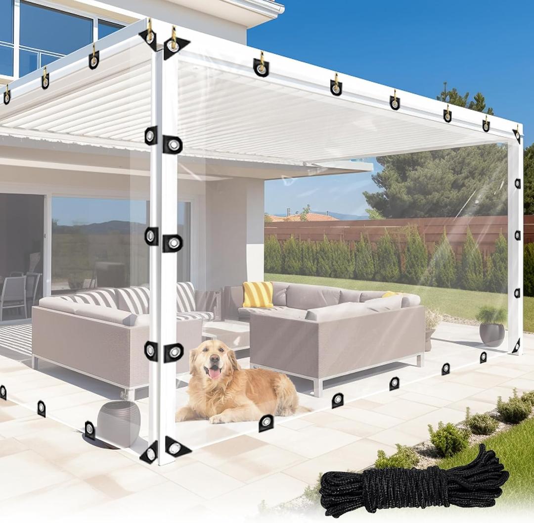 LC&QS 8x12ft Clear Tarp with Grommets, Upgraded Edge Heat Fused Tear Resistant Clear Heavy Duty Tarps, Clear Vinyl Tarps for Patio Fencing, Rain, Wind, Cold, Chicken Coops,and MoreWindproof Rope