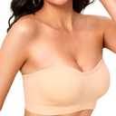 Strapless Bras for Women Non-Slip Wireless Bandeau Bra Seamless Padded Tube Top Bra Including Fabric & Clear Straps (Beige, S)