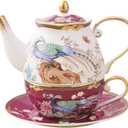 ACMLIFE Bone China Tea Set For One Teapot And Cup Set, Vintage Floral Tea Cup Set With Teapot and Saucer Set 12 Oz Bone China Teapot For One Set Red And White Gift Giving For Women (Fuchsia)