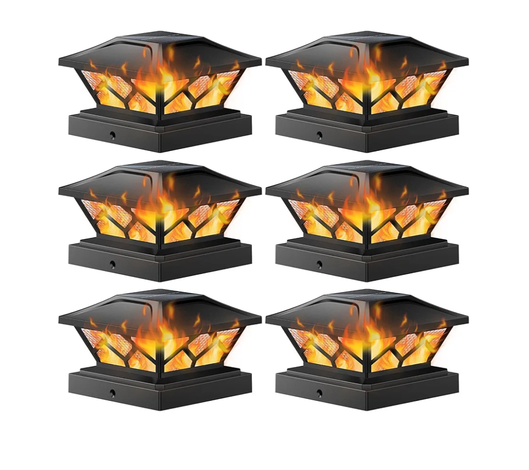 LETMY 6 Pack Solar Flame Post Cap Lights Outdoor-Flickering Flame & Warm Light Modes, Waterproof Fence Post Solar Lights Outdoor for Garden Yard Fence Deck, Fits 4x4, 4.5x4.5 or 5x5 Vinyl/Wooden Posts