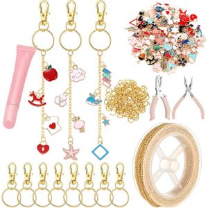 VioraWhite 213 Pcs Lip Gloss Keychain Making Kit 100 Pink Enamel Charms 32.81 ft Gold Chains for DIY Crafts Women (Stylish)