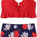 ESHOWEE Girls Swimsuits 2 Piece Bathing Suit Set Toddler Ruffle Tank Top Front Cutout Beach Summer Bikini Swimwear 2-3Y (Red)