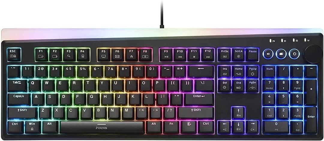 i-rocks K71M RGB Mechanical Gaming Keyboard with Media Control Knob, Switches (Red), 107 Keys w/Full NKRO, PBT Keycaps, Multimedia Hotkeys, Detachable USB-C Cable and Onboard Storage, Black