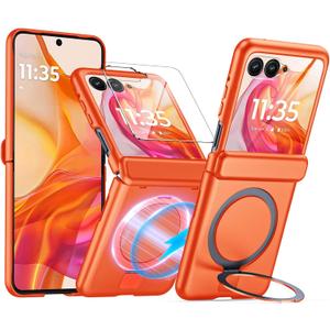 CENMASO for Motorola Razr+ Plus 2025 Case/Razr + Plus 2024 Case with Hinge Protection & Built-in Screen Protector & Magnetic Ring Stand, Slim Rugged Shockproof Phone Case for Razr + 2025/2024-Orange