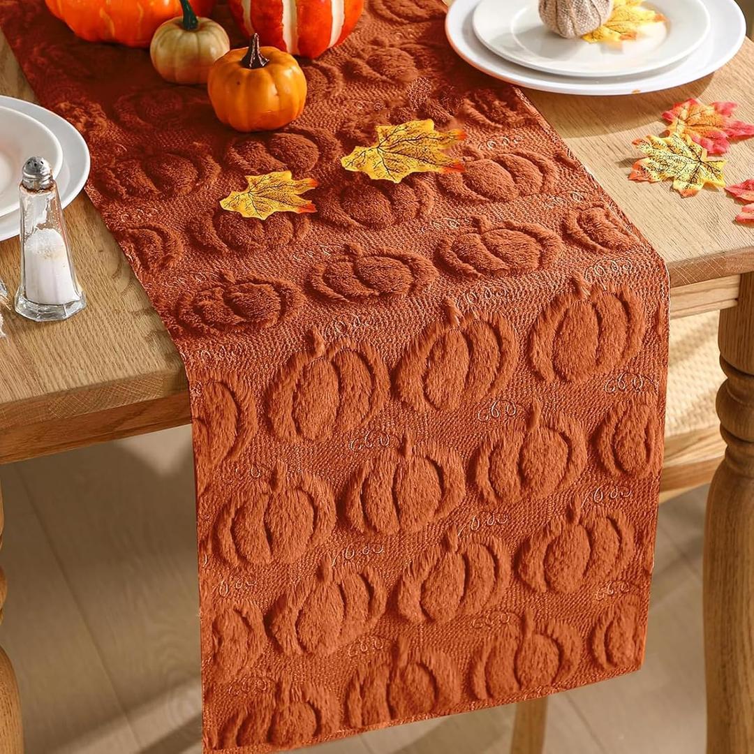 Fall Table Runner, Caramel Pumpkins 3D Faux Fur Table Runners, Soft Thanksgiving Halloween Table Decor for Indoor Outdoor, Autumn Home Party Decor, 13*37 Inch
