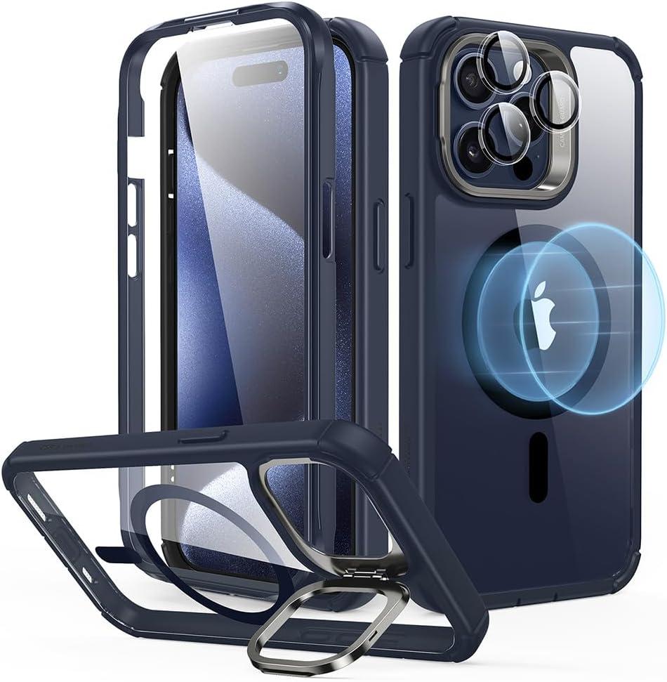 ESR for iPhone 15 Pro Max Case with Stand, Compatible with MagSafe, Full-Body Military-Grade Drop Proof Case with Built-in 9H+ Tempered Glass Screen Protector, Armor Series, Clear Dark Blue