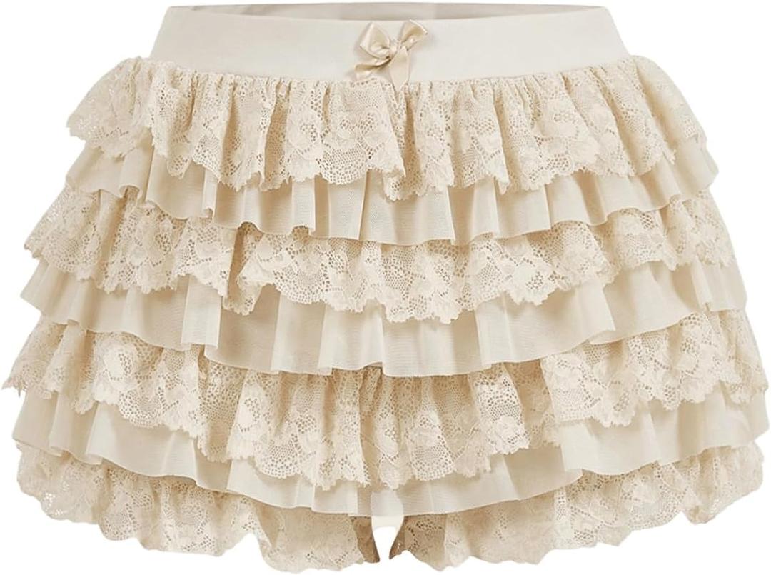 Women's Y2k Ruffle Shorts Lace Lolita Bloomers Elastic Waist Bow Front Shorts Micro Boyshorts (Large, Apricot)