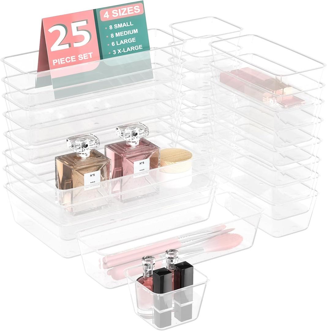 Lulltou 25 PCS Plastic Drawer Organizer Set, 4size Clear Bathroom and Vanity Desk Drawer Organizer Trays, NonSlip Versatile Storage Bins for Makeup Jewelry Office Kitchen Gadgets