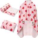 Valentine Day Plush Wearable Blanket Pink Strawberry Fleece Travel Blanket Women Pillow 2 in 1 with Sleeves and Buttons Lap Throw Shawl for Office Sofa Winter Warm Accessories Gifts