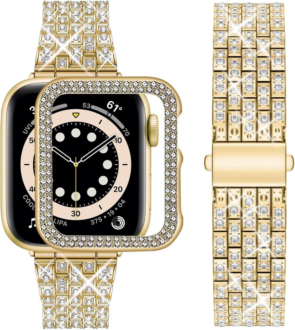 wutwuk Diamond Band with Bling Case Compatible with Apple Watch Bands for Women 40mm, Sparkly Metal Strap with Crystal Protective Bumper for iWatch SE Series 9 8 7, 41mm Gold