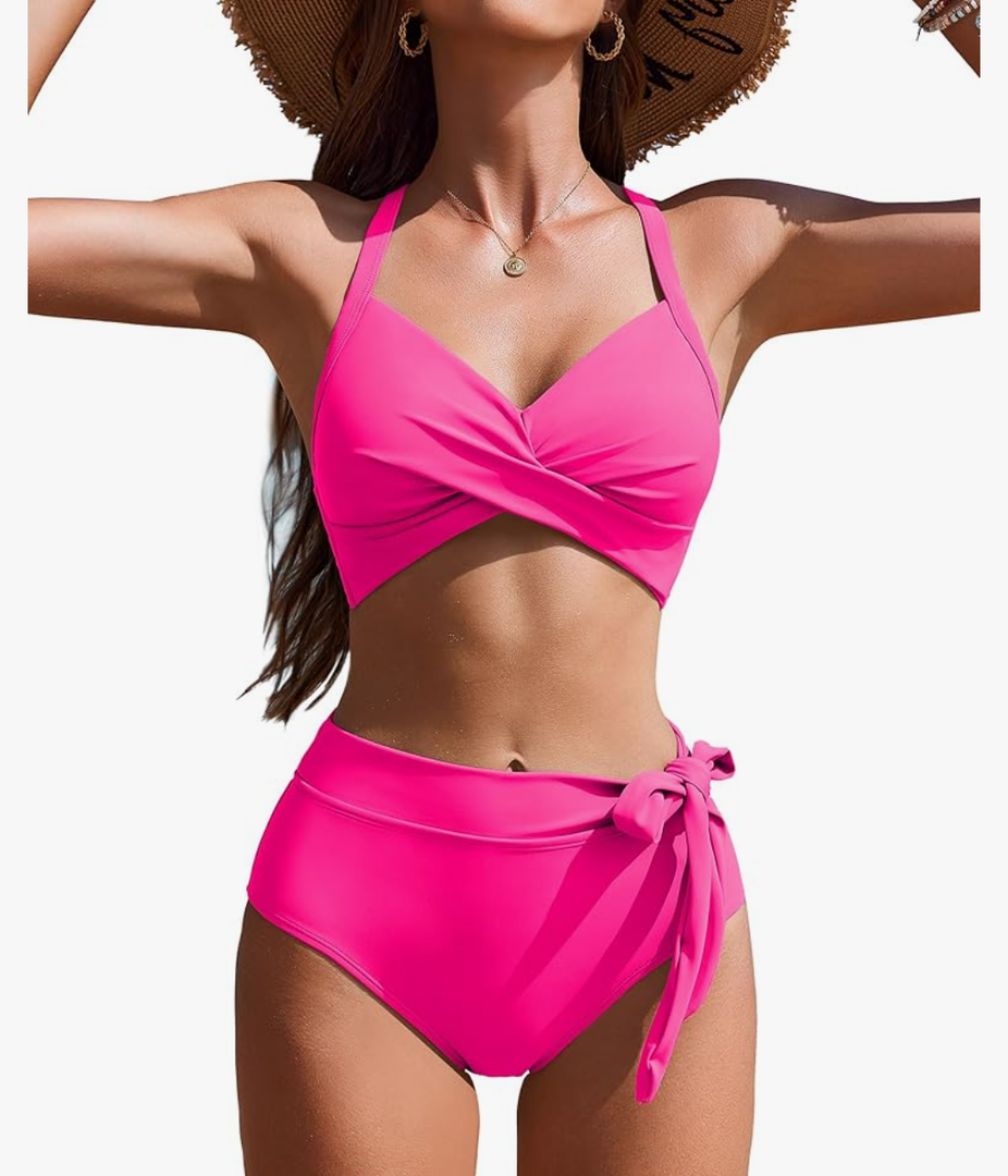 AI'MAGE Womens High Waisted Bikini Sets Tummy Control Swimsuits Two Piece Swim Suits 2025 Crisscross Tie Back Bathing Suits, Size L
