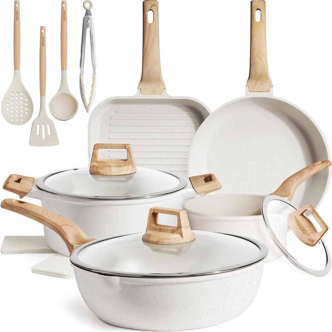 Kikcoin 16Pcs Ceramic Pots and Pans Set Non Stick, Includes a 9.5" Grill Pan, Induction Kitchen Cookware Sets, White Nonstick RV Kitchen Camping Cooking Sets Stackable (PTFE, PFOS, PFOA Free), 16 Piece