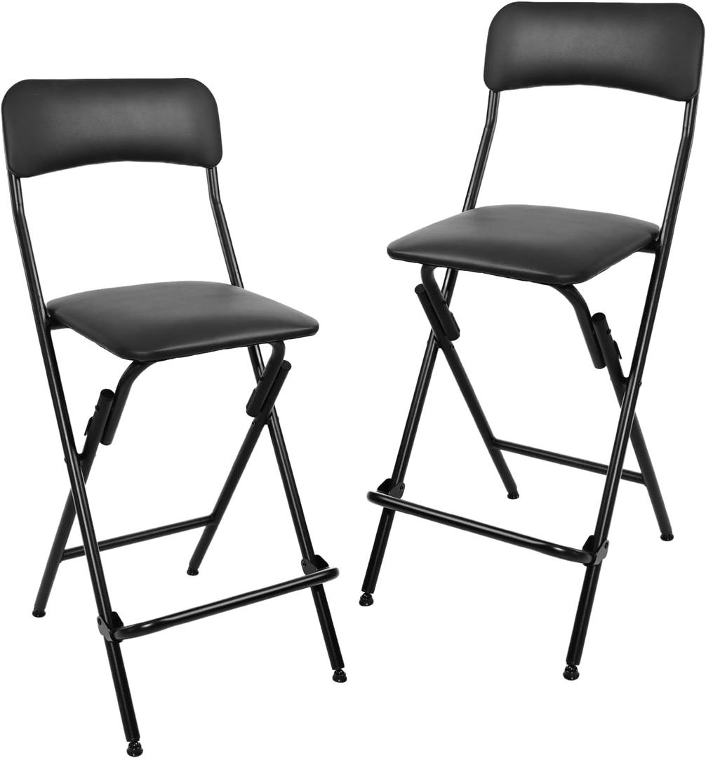 Folding Bar Stool with Backrest,25 Inch Leather Padded Counter Height Foldable Stool,Tall Folding Stool Chair for Gardening Kitchen Shop Cafe, Black (2 Pack), 25 inches x 16.5 inches x 16.5 inches