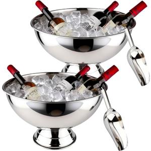 Large Ice Bucket 13L Stainless Steel Champagne Bowl Ice Bucket with Ice Scoop Semicircle Drink Tub with Integrated Base Silver Beverage Tub for Parties, Cocktail Bar, Chilling Wine (2 Packs-Silver), 40cm