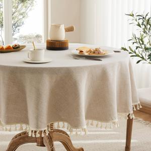 Linen Tablecloth with Tassels, Farmhouse Style Beige Tablecloth, Water Resistant Burlap Tablecloths for Round Table, 60 Inch Round Natural