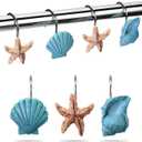AGPtek Seashell Shower Curtain Hooks, 12PCS Anti Rust Decorative Resin Hooks for Bathroom, Baby Room, Bedroom, Living Room Decor (Blue Seashell)