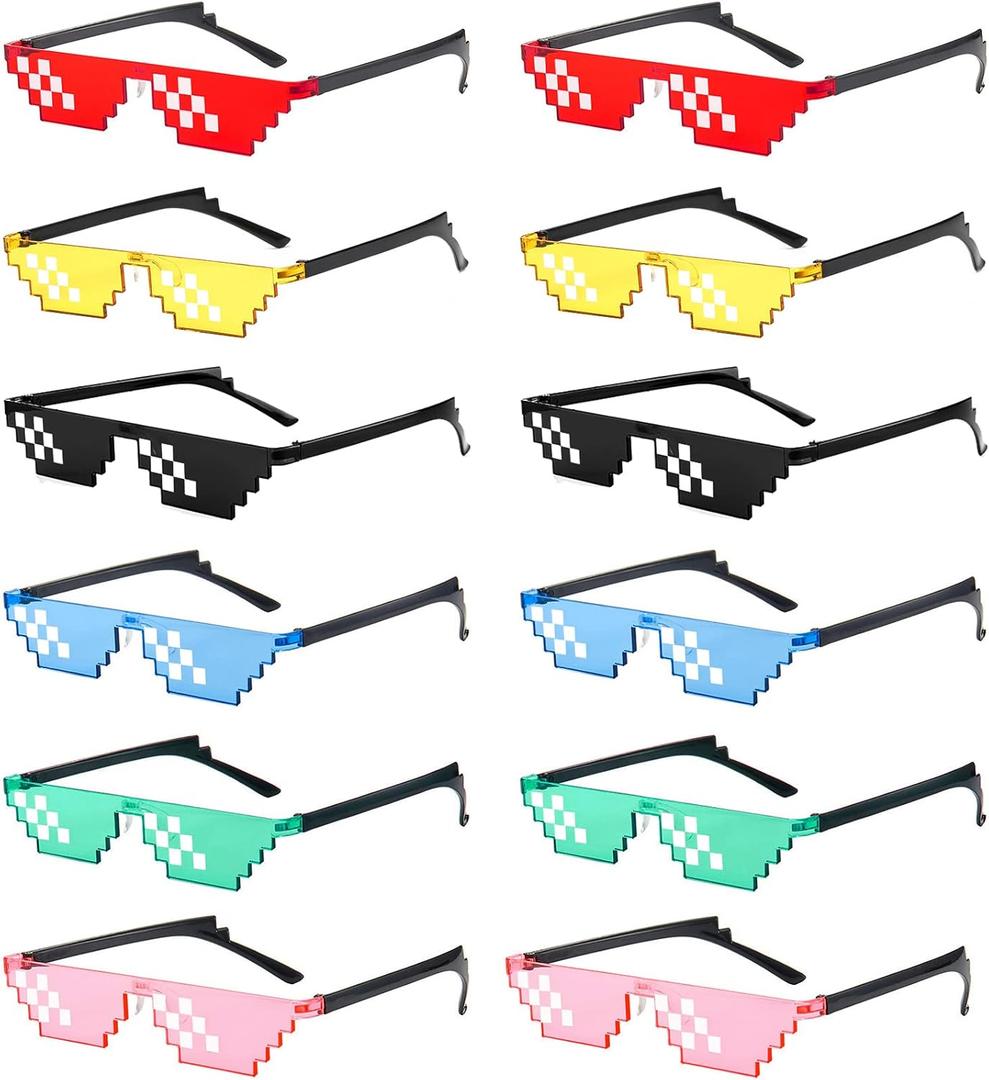 12 Pack Thug Life Party Sunglasses 8 Bit Pixel Glass Multicolor Mosaic Gamer MLG Photo Props Unisex Eyewear