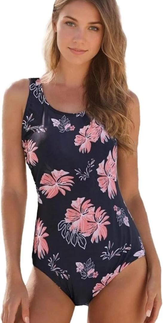 Womens Bathing Suits One Piece Swimsuits Athletic Training Swimsuit Tummy Control Slimming Swimwear for Women L Pink Flower Print