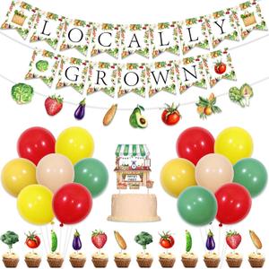 Sursurprise Locally Grown Baby Shower Decorations, Locally Grown Banner Balloons Fruit Vegetables Cupcake Toppers, Farmers Market Gardener Party Supplies